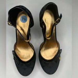 Coach Black Monogram Suede Wedge Heels with Patent Strap and Gold Emblem
